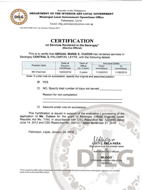 CERTIFICATION on Services Rendered in the Barangay.